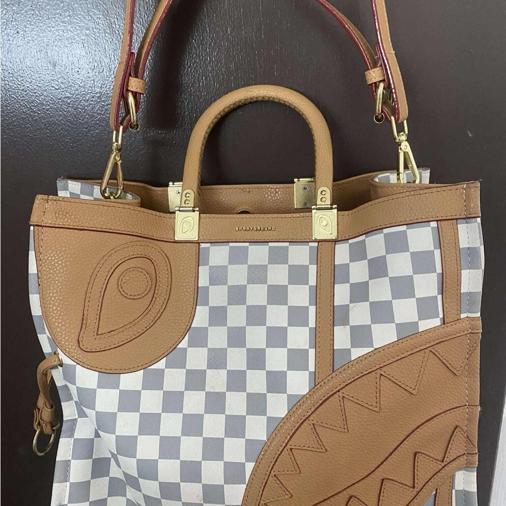 Sprayground Gray Checkered Tote with Tan Details - Picture 2 of 2